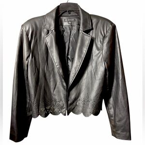 Black Vegan Leather Jacket with Scalloped Eyelet Hem